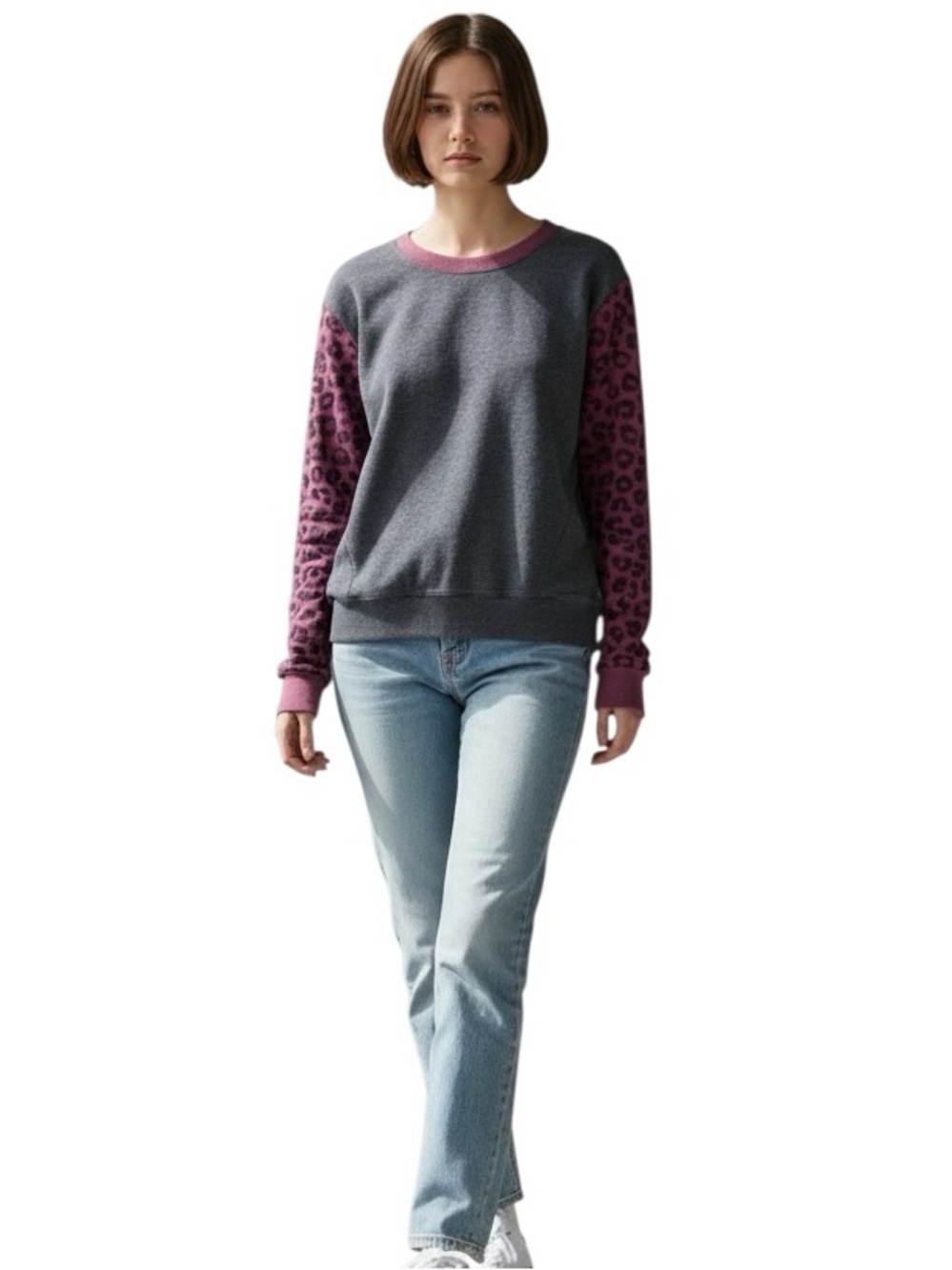 FOX Gray & Fuchsia Animal Cheetah Leopard Print Sweatshirt Knit Top Size Large